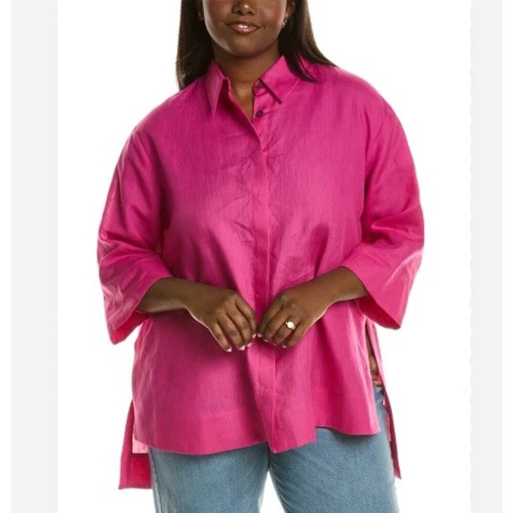 NEW Marina Rinaldi Fisica 100% Linen Button Down Top Womens 24 Plus Pink Fuchsia